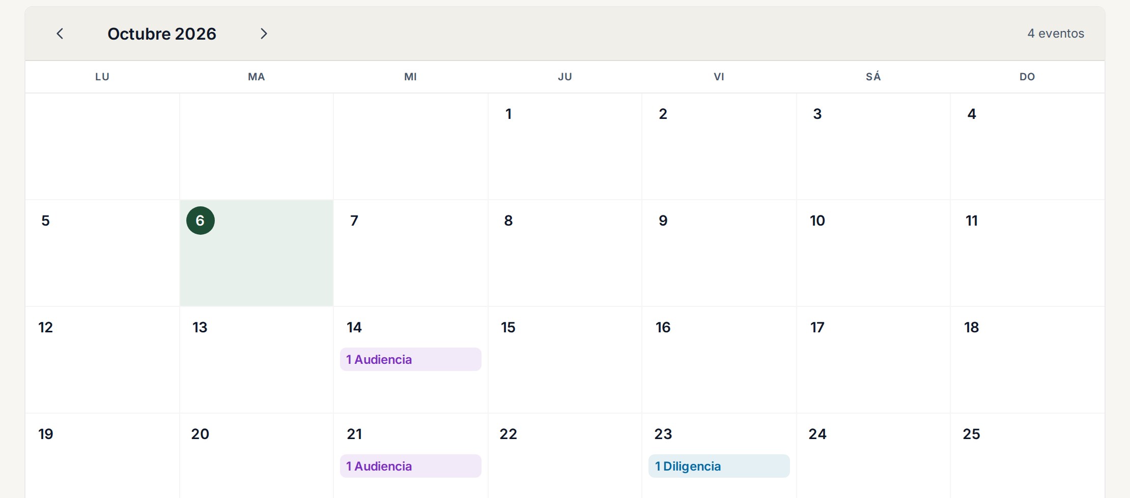 Calendario de audiencias judiciales en V.E.L.A.