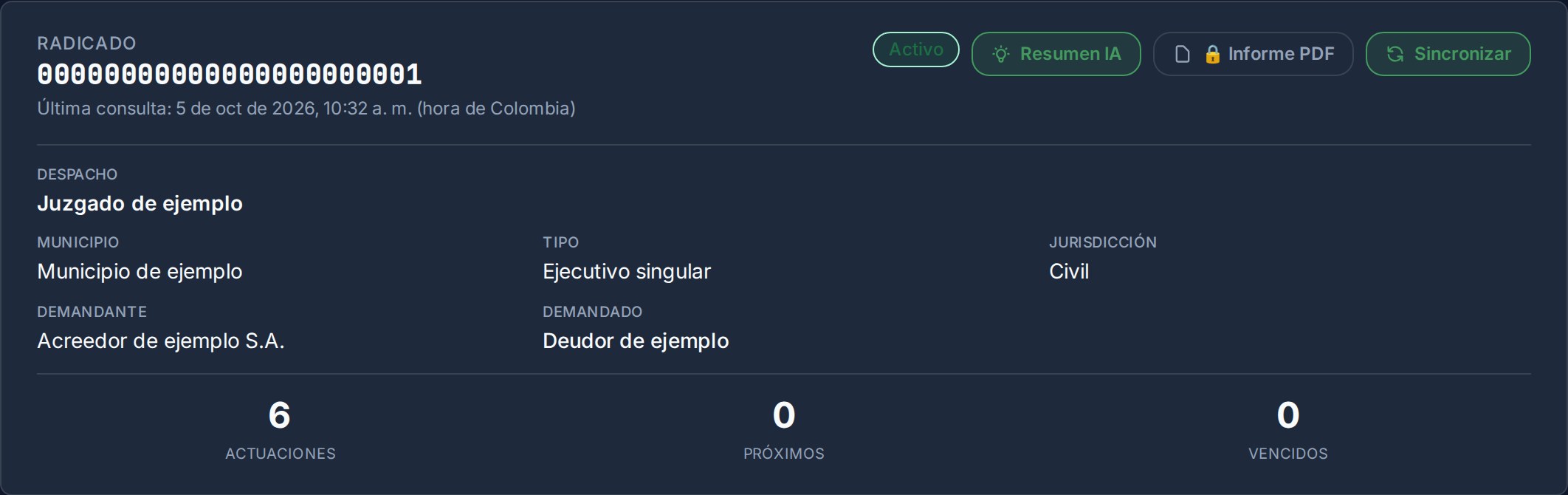 Ficha de un proceso judicial en V.E.L.A., con datos de ejemplo